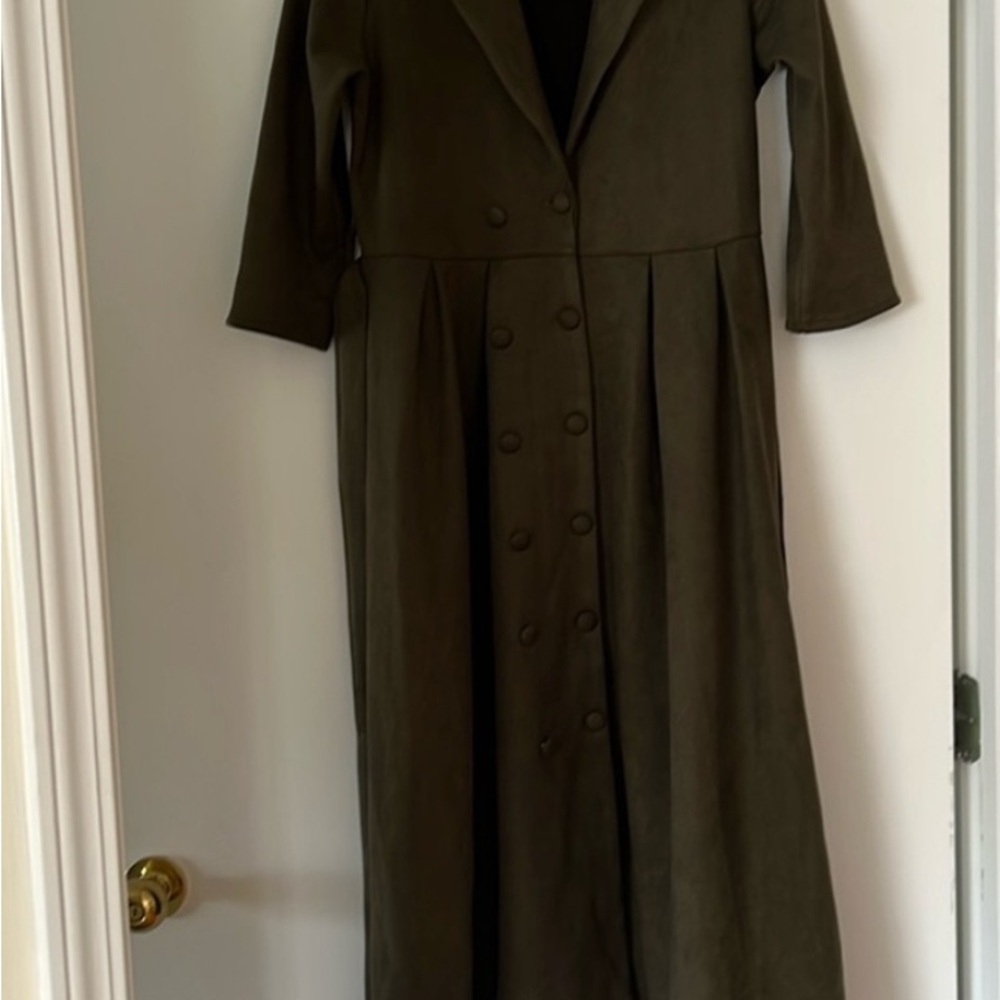 Chic Olive Double-Breasted Trench Coat vegan Suede